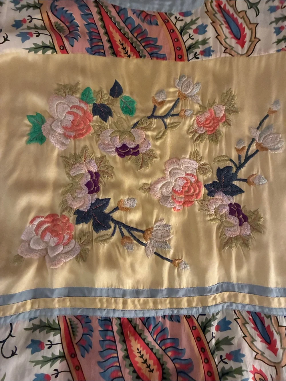 Johnny Was Yellow Satin Floral Embroidered Patchwork Silk Top Large chest 40” - Picture 3 of 9